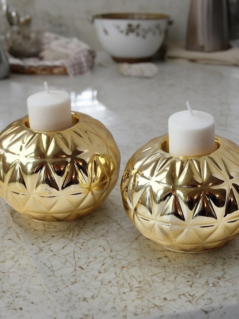 Vintage Gilded Ceramic Tealight Candle Holders Set of 2